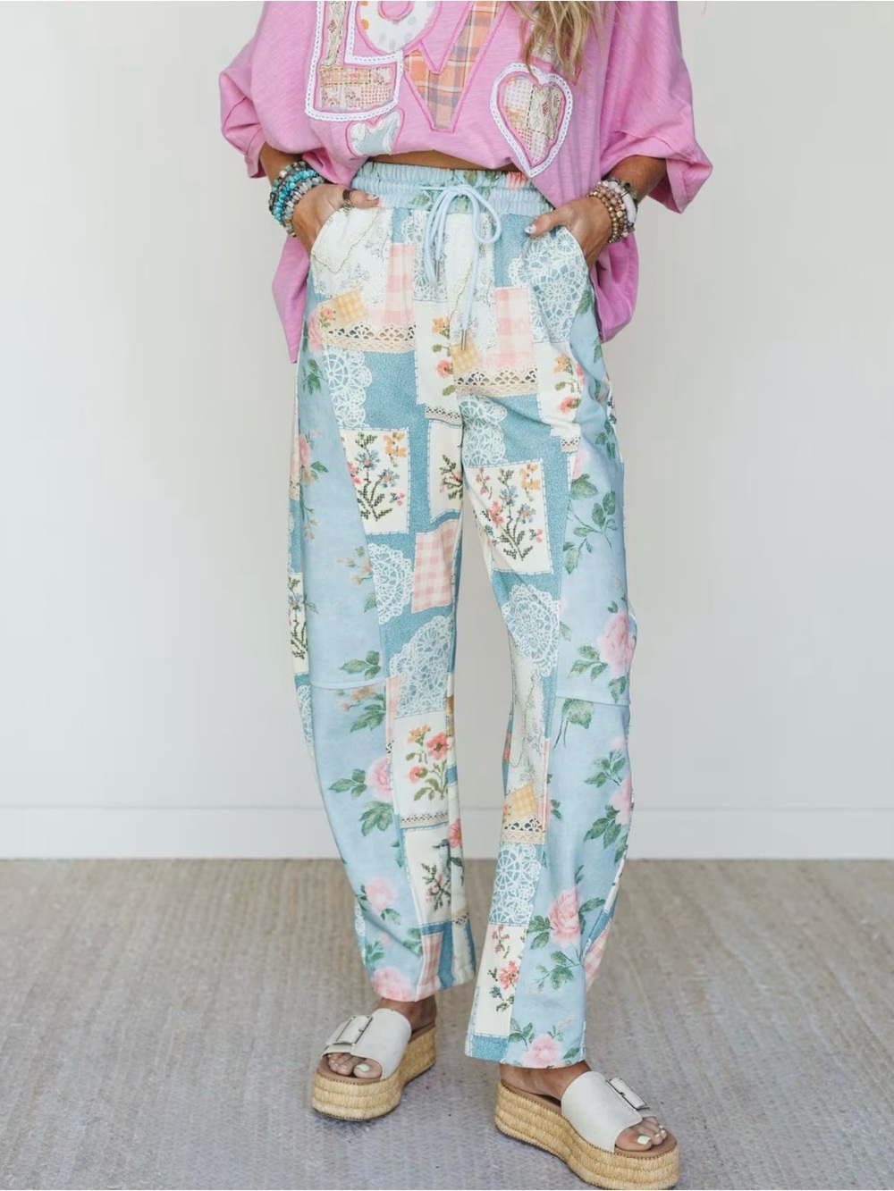 DAVI & DANI from TBN Blue and Pink Patchwork Floral Joggers